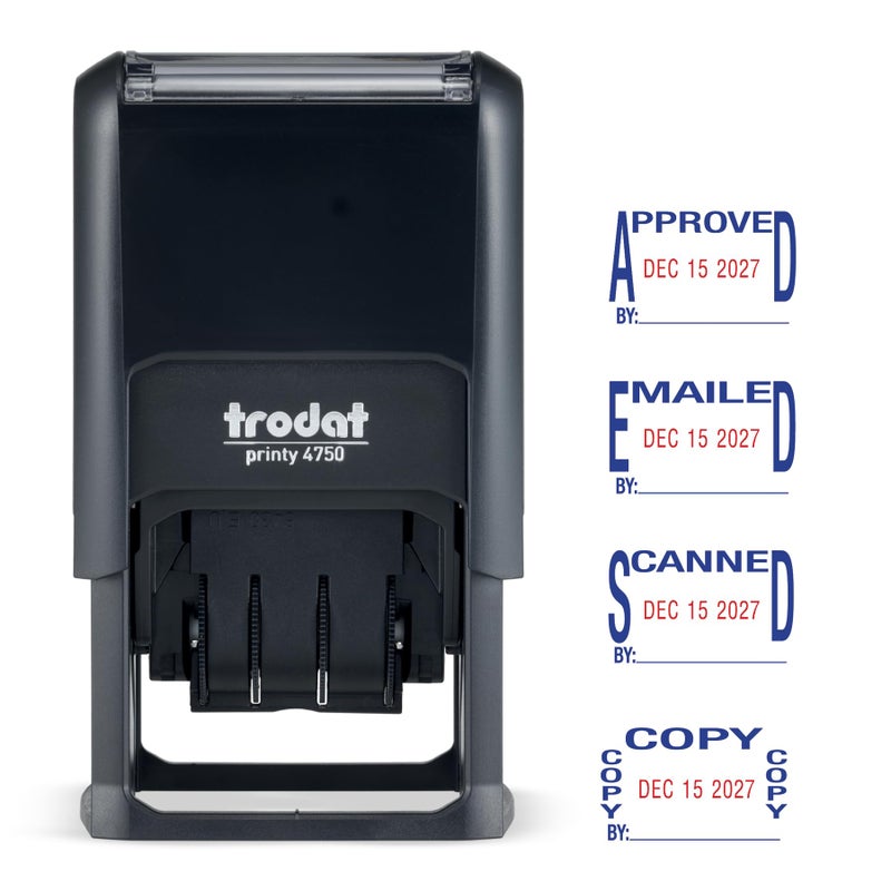 Trodat Printy 4750 Self Inking Date Stamp with Approved, Copy, EMAILED, Scanned â€“ Blue and Red Ink, 1" x 1-5/8" - Image 1